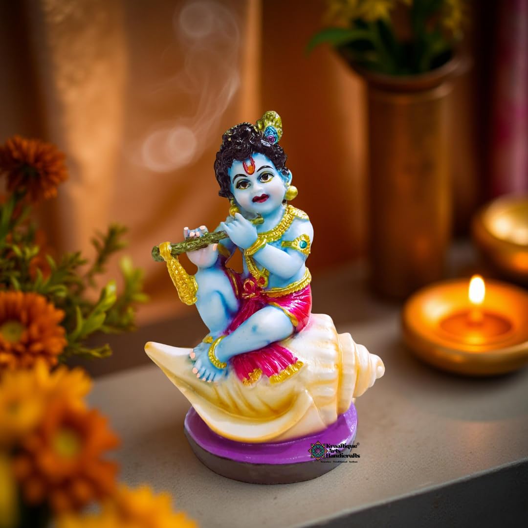 Lord Krishna Idol for Home Decor & Temple, Laddu Gopal Murti Statue, Marble Dust Resin Bal Gopal Murti for Pooja Room, Janmashtami Decoration, Handcrafted Krishna Showpiece Gift, 13 cm