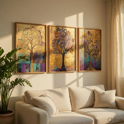 Abstract Tree Wall Painting Set of 3 with Wooden Frames | Modern Golden Tree Artwork HD Sparkle Laminated MDF Wall Decor | Elegant Nature Tree Wall Art for Living Room Bedroom