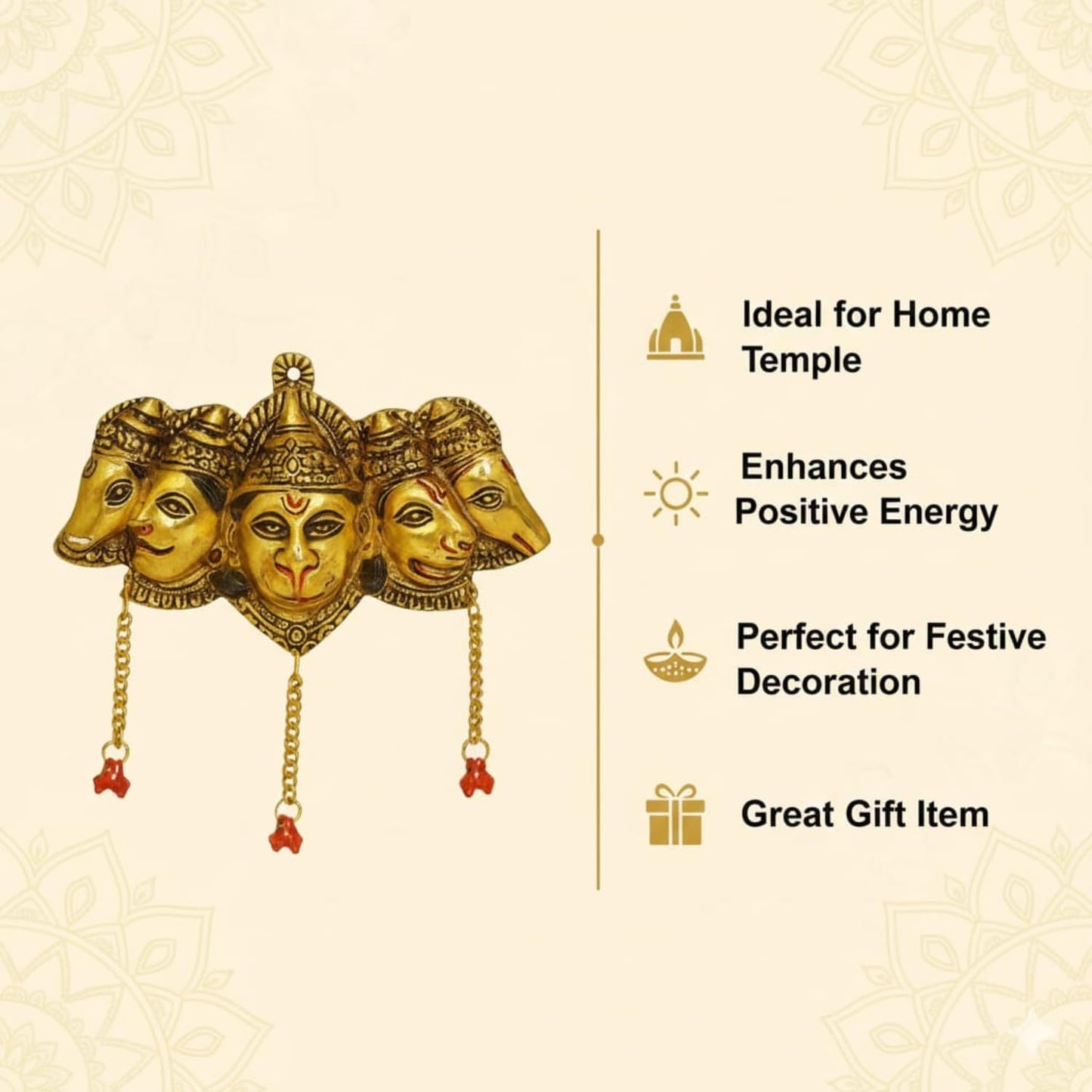 Kalakriti Panchmukhi Hanuman Ji Murti for Door Entrance, Gold Finish Wall Hanging Statue Showpiece for Main Gate, Decorative Hindu God Idol for Home Temple & Vastu Protection (Panchmukhi Hanuman)