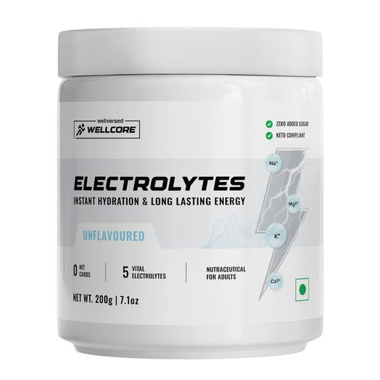 Wellcore - Electrolytes (Unflavoured, 200g)| Electrolyte Drink With 5 Vital Electrolytes: Na, Mg, Ca, K, PO4|Sugar Free Electrolyte Powder|Fat Fuel Powered Keto Electrolyte, 1 count, 57 Servings