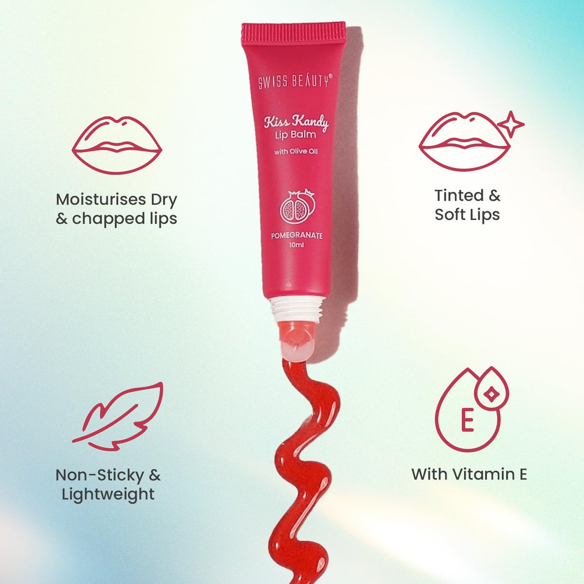 Swiss Beauty Kiss Kandy Tinted Lip Balm | Moisturising Non-Sticky Formula with Olive Oil & Vitamin E | Soft, Smooth & Hydrated Lips All Day | Pomegranate, 10ml