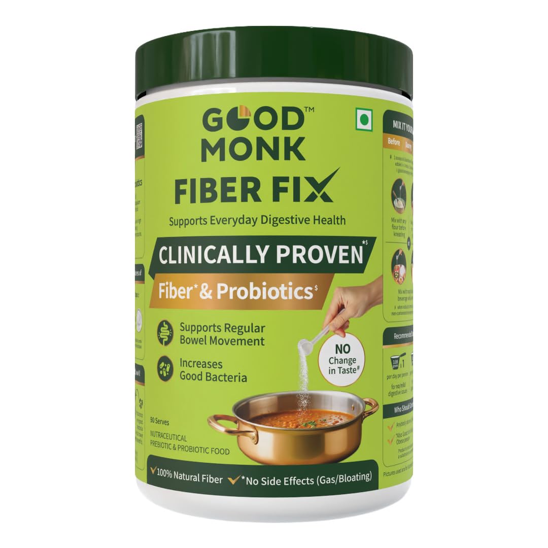 Good Monk Fiber Fix | Constipation, Bloating & Gas Relief | Everyday Prebiotic Soluble Natural Fibre Supplement Powder + Probiotic | 90 Servings | No Side Effects Or Taste Change