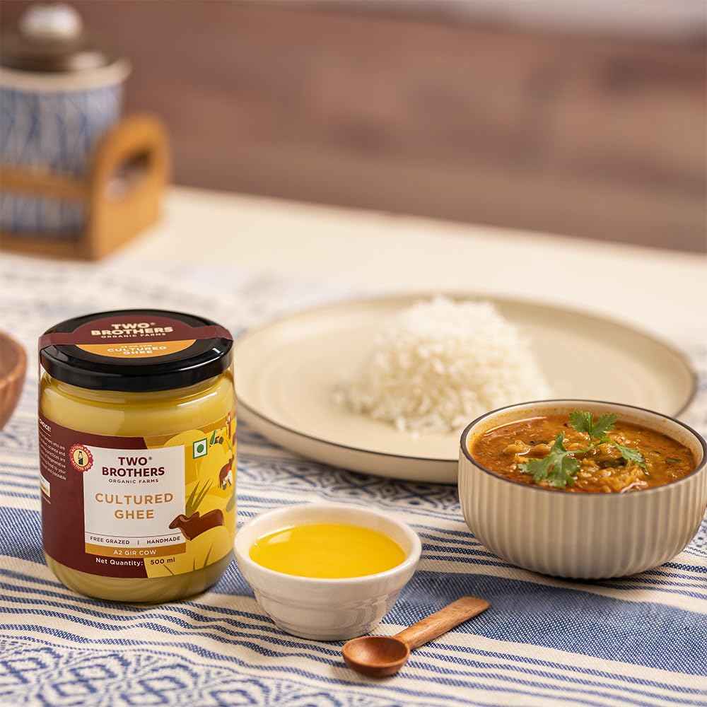 Two Brothers Organic Farms A2 Ghee |Free-grazed, Grass-fed Desi Gir Cows | Traditional Bilona Method | Pure, Natural and Healthy Ghee | Farm-Made A2 Cow Ghee with Probiotics for Gut Health