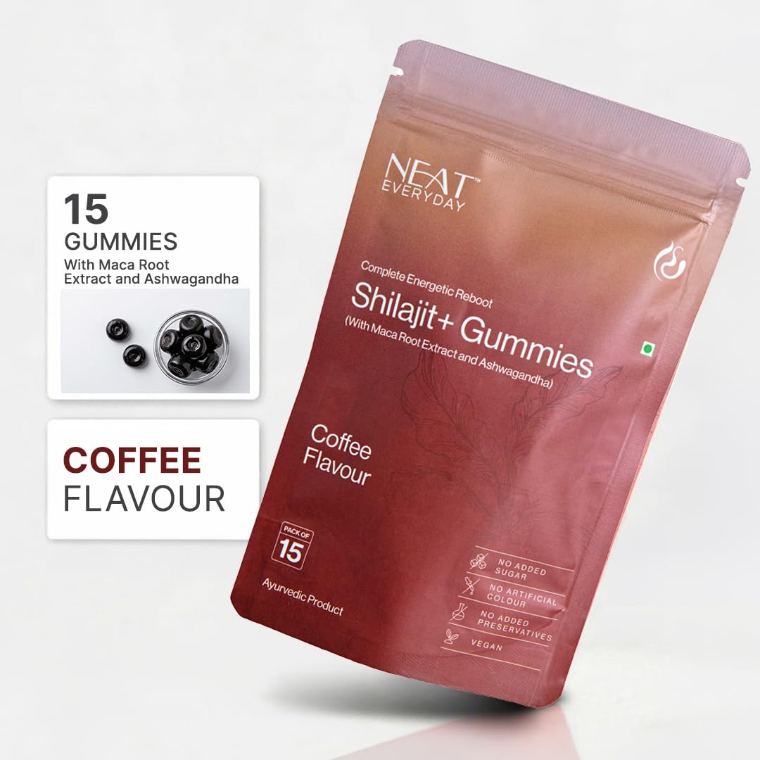 NEAT EVERYDAY Shilajit+ Gummies with Maca Root Extract & Ashwagandha | Coffee Flavour | No Added Sugar | Vegan | No Artificial Colour & Preservatives | Ayurvedic Supplement | Pack of 15 Gummies