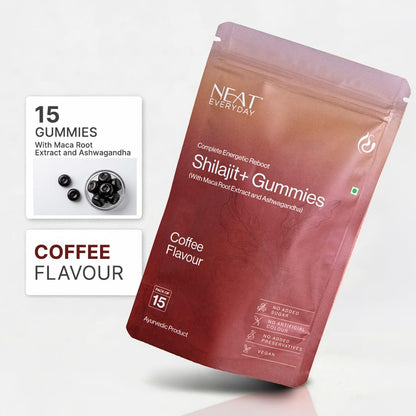 NEAT EVERYDAY Shilajit+ Gummies with Maca Root Extract & Ashwagandha | Coffee Flavour | No Added Sugar | Vegan | No Artificial Colour & Preservatives | Ayurvedic Supplement | Pack of 15 Gummies