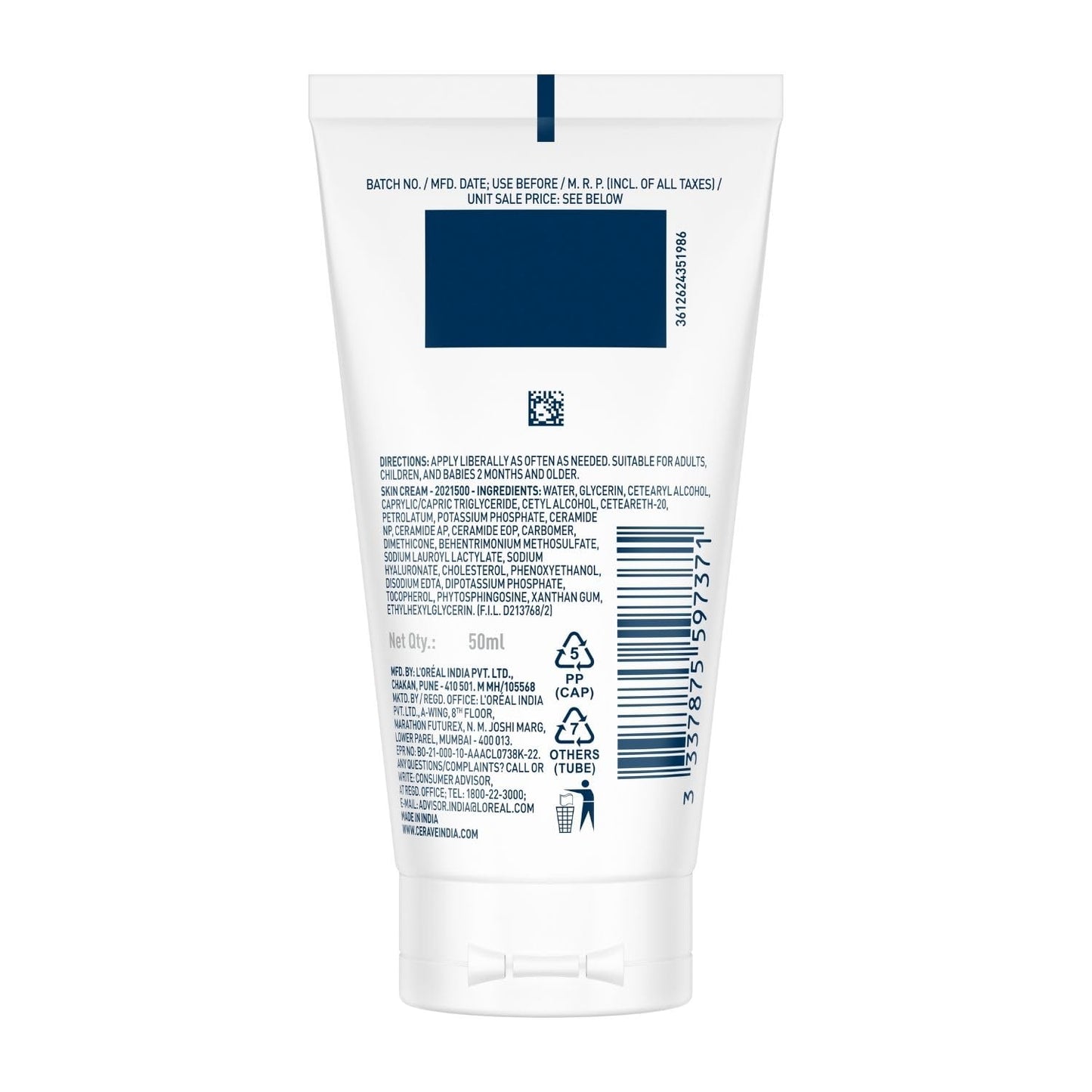 Back label of a skincare product tube on a white background