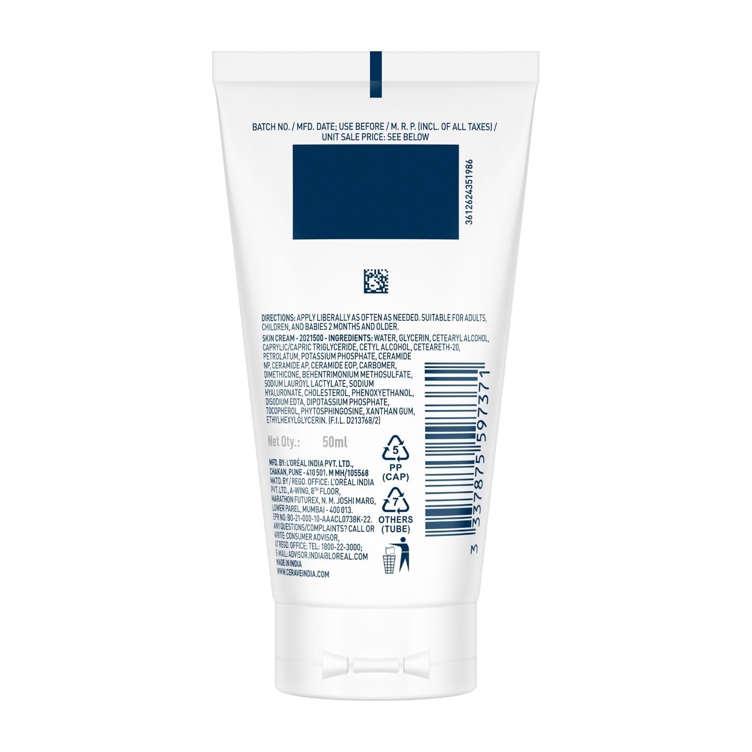 Back label of a skincare product tube on a white background
