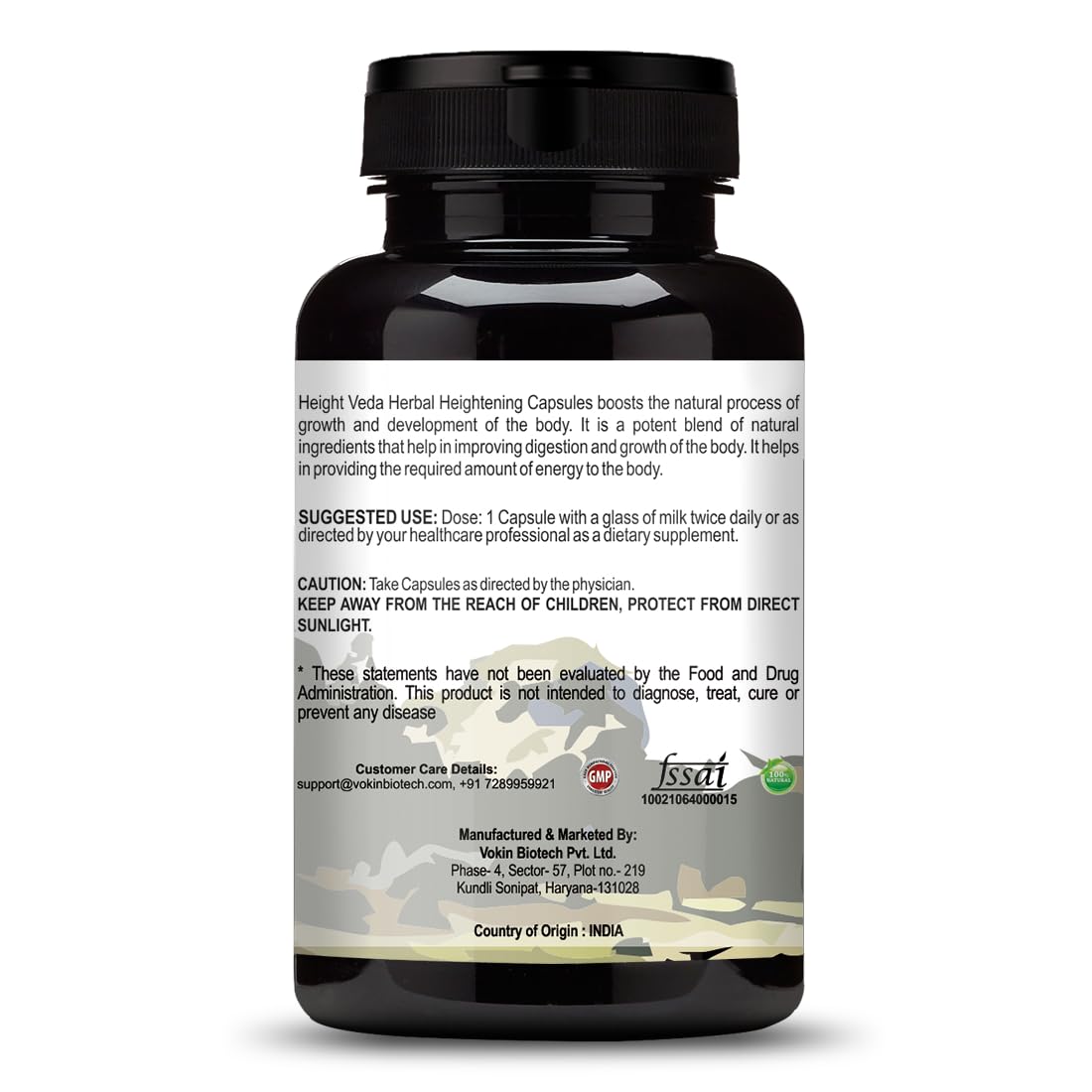 Black supplement bottle with white label on a white background