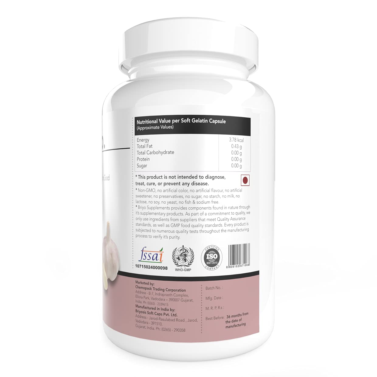 Supplement bottle with nutritional information label on a white background
