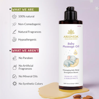 AreoVeda 100% Organic Cold-Pressed Baby Massage Oil for Babies & Toddlers (200ml) | With Almond (Badam) & Sesame Oils | Non-Sticky & Quick-Absorbing | Massage Strengthens Bones, Aids Sleep