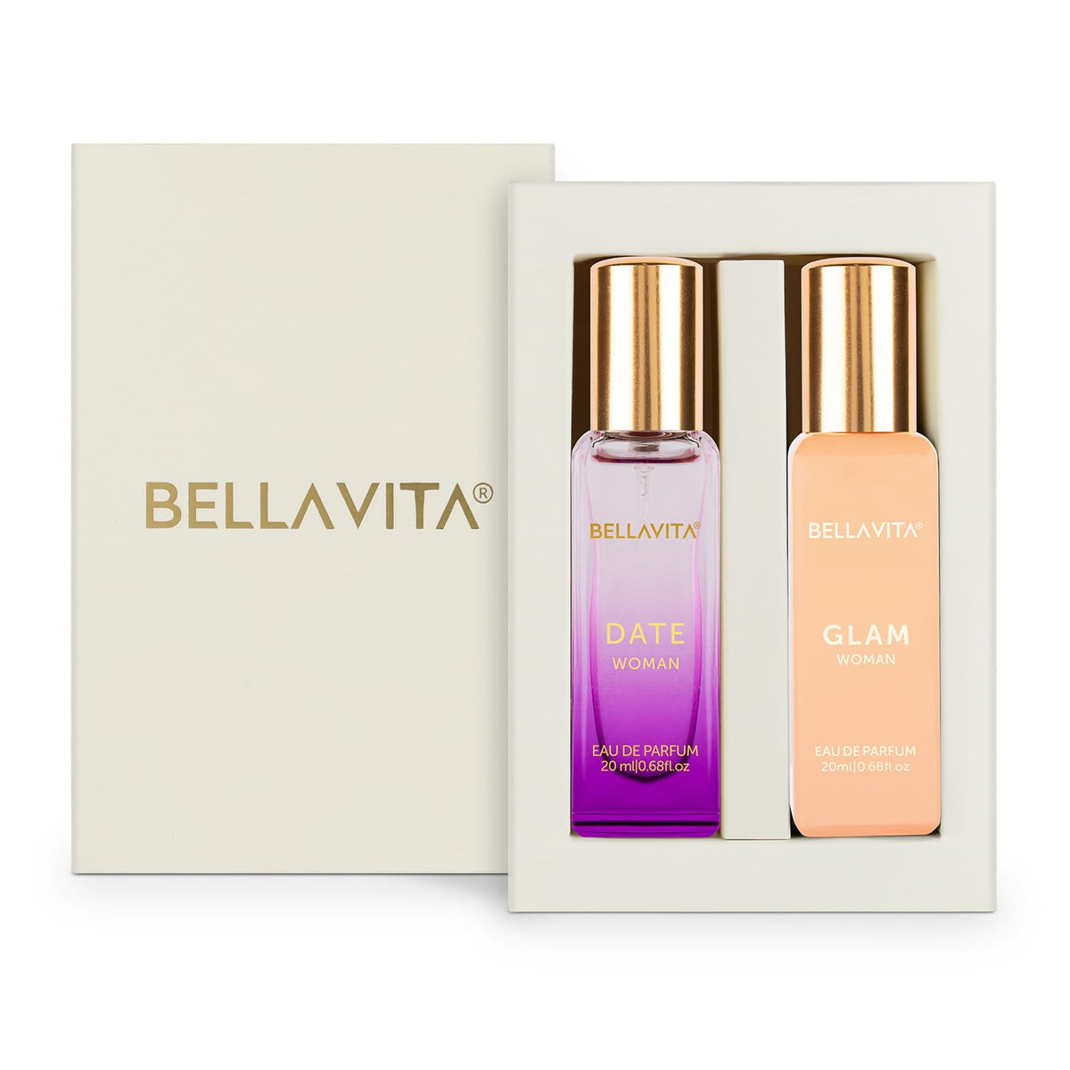 Two Bellavita perfume bottles in a box on a white background