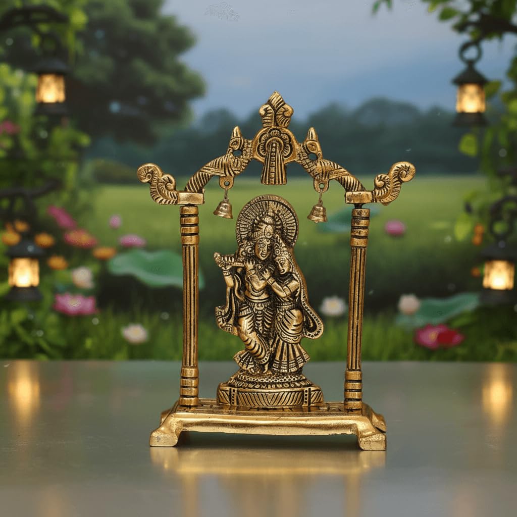 Metal Lord Krishna Swing Statue with Antique Gold Finish & Bells - Spiritual Krishna Idol for Home Décor, Mandir Decoration, 6-Inch Brass Religious Sculpture