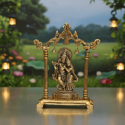 Metal Lord Krishna Swing Statue with Antique Gold Finish & Bells - Spiritual Krishna Idol for Home Décor, Mandir Decoration, 6-Inch Brass Religious Sculpture