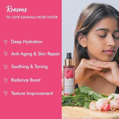 Woman with closed eyes holding rose water bottle, surrounded by flowers, with text on deep hydration and skin care benefits.
