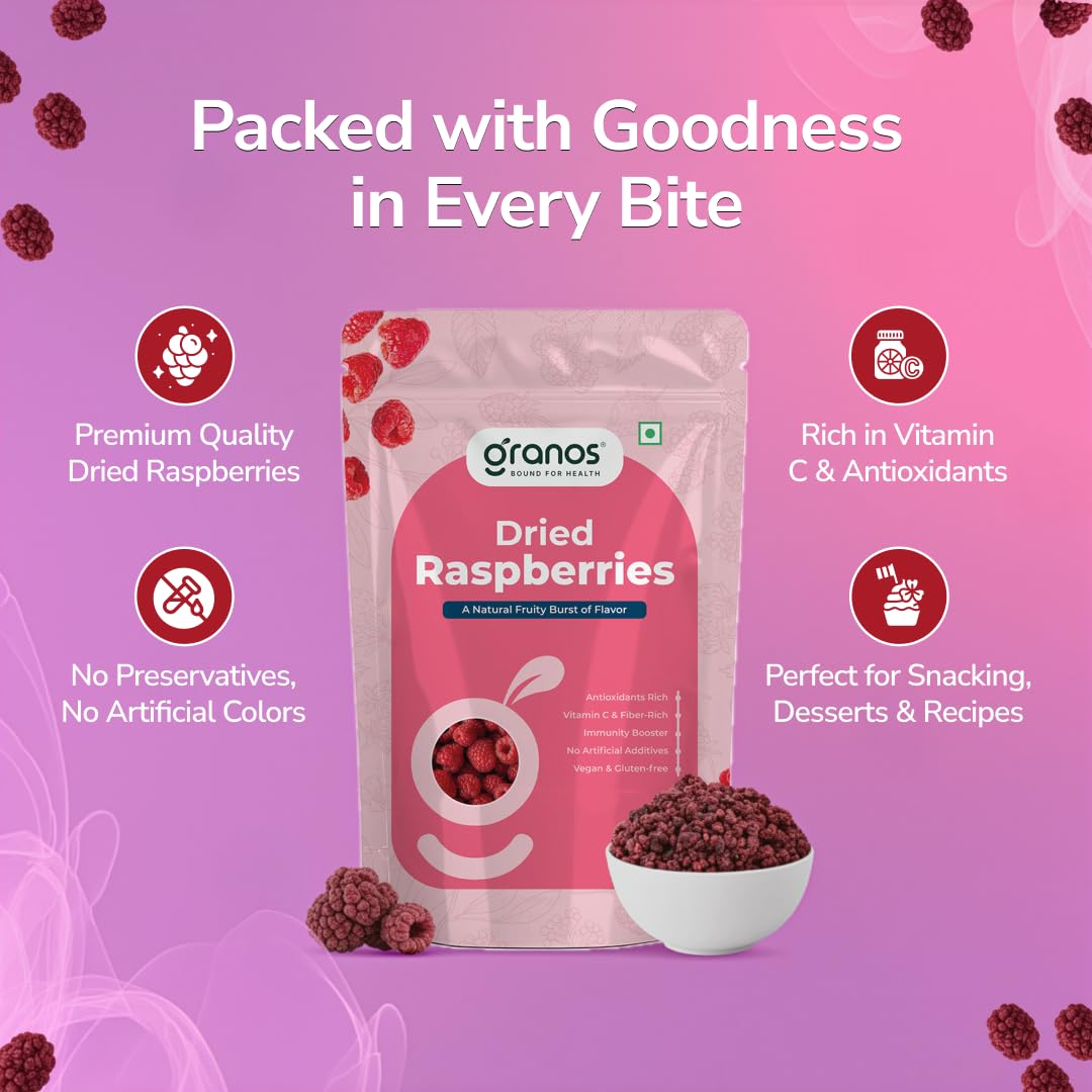 Granos Premium Dried Raspberries 150g, Dried Fruit, Healthy & Tasty, Gluten Free, Vegan, Rich in Fibre & Antioxidant, No Preservative, Support Digestion, Sourced from USA (Pack of 1)