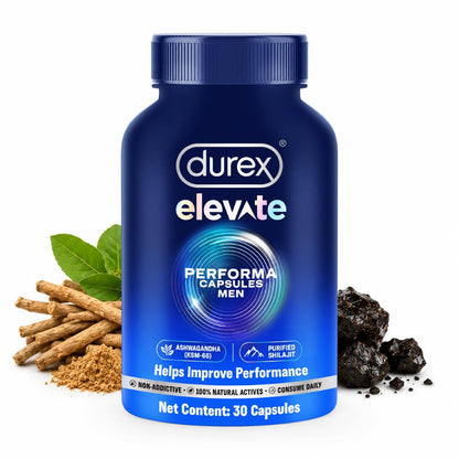 Durex Elevate Performa Capsules for Men | Ashwagandha KSM-66 Purified Shilajit & Supplement | Supports Strength & Stamina | 30 Capsules