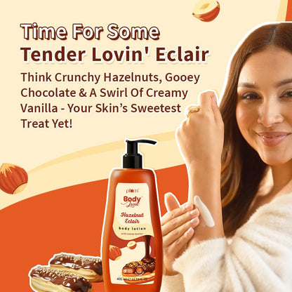 Plum BodyLovin' Hazelnut Eclair Body Lotion | Cocoa Butter & Vitamin B5 for Deep Moisturization | Hazelnut & Vanilla Notes | Non-Greasy & Lightweight | Soft, Smooth & Glazed Skin | For Dry To Very Dry Skin | Toasted Nutty Choco-Vanilla Fragrance | 400ml