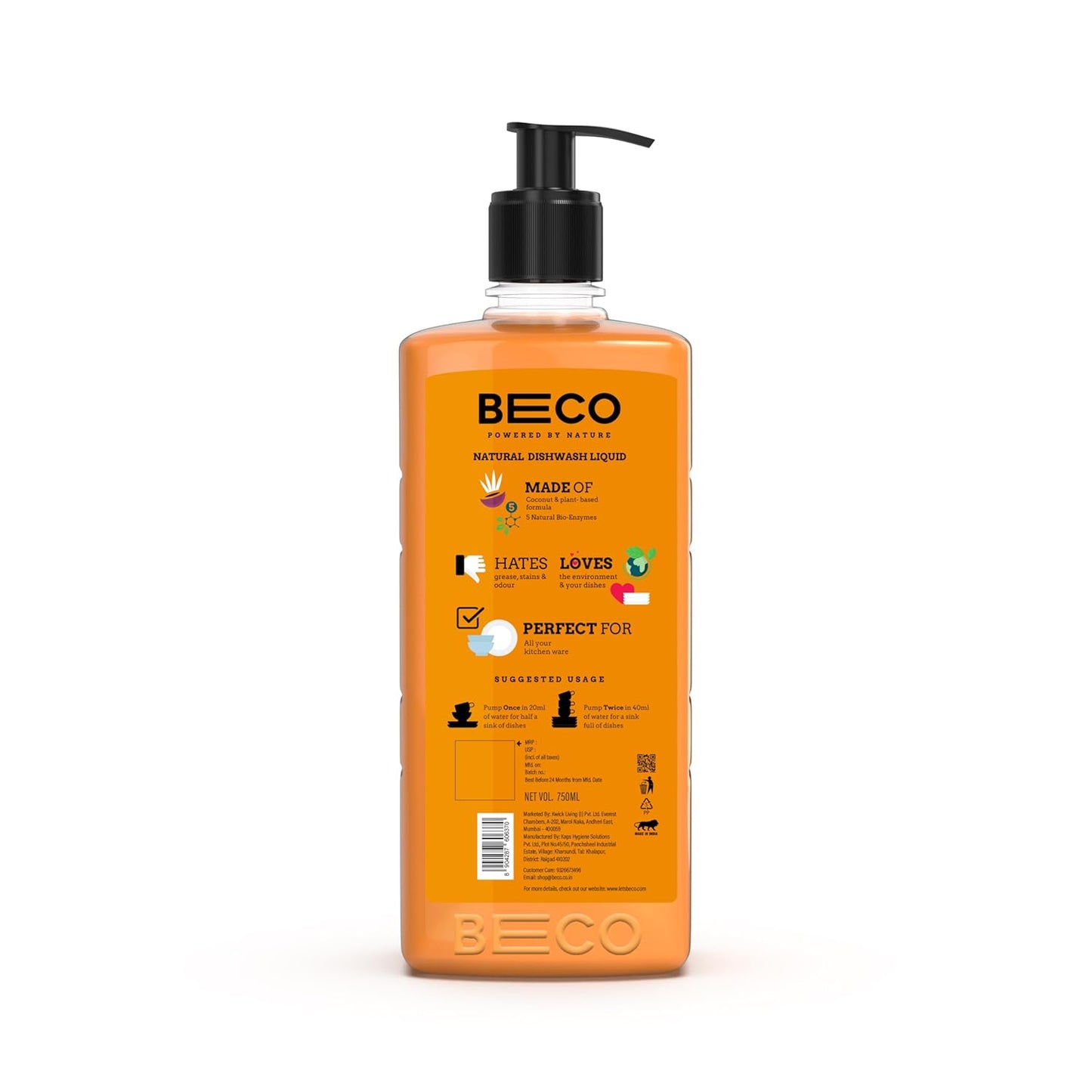 Beco Natural Dishwash Liquid-750ml |Orange Citrus Freshness| 100% Ecofriendly-Tough Grease removal Antibac formula| Leaves No residue, Baby & Pet Safe