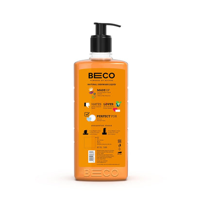 Beco Natural Dishwash Liquid-750ml |Orange Citrus Freshness| 100% Ecofriendly-Tough Grease removal Antibac formula| Leaves No residue, Baby & Pet Safe