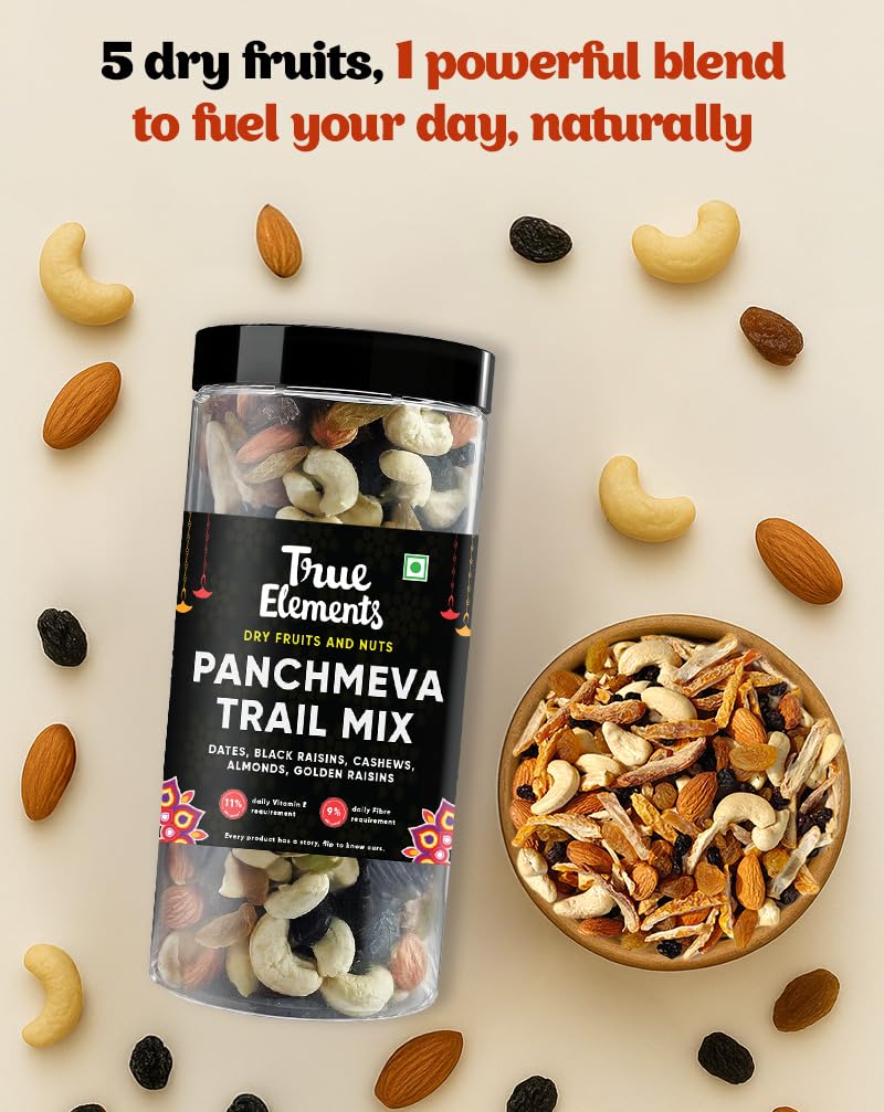 True Elements Panchmeva 1.2kg - Fasting Special Trail Mix | Premium Dry Fruits | 5 Nuts - Almonds, Cashews, Dates, Raisins, Black Currant | Dry Fruits Mix | Healthy Snacks