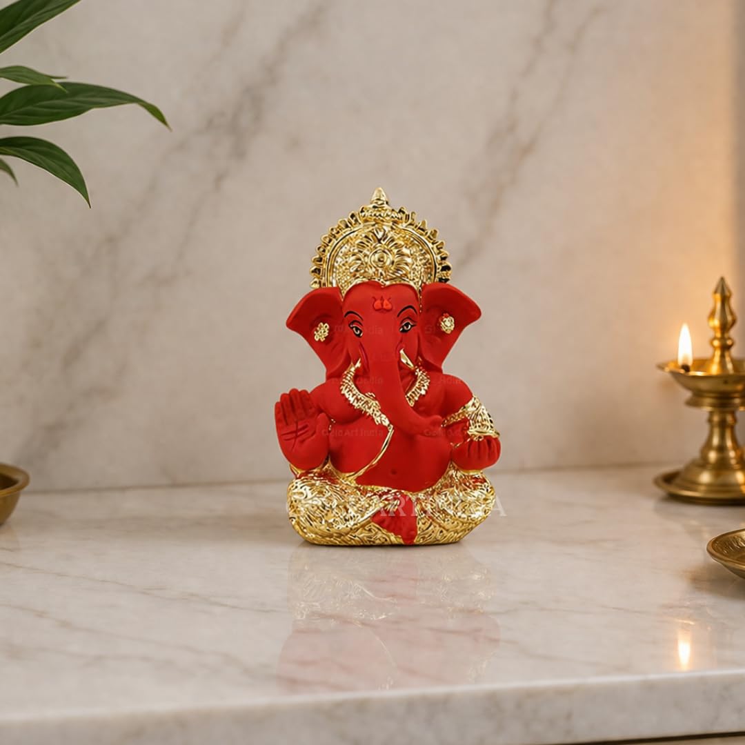 Gold Art India Gold and Silver Plated Gold and Orange Ganesh Idol for Car Dashboard Ganesha Murti Ganpati Idol for Home Decor Puja Lord Ganesh Statue Gift for Office Desk Puja Room Figurine