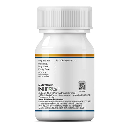 INLIFE Vitamin D3 5000 IU Cholecalciferol with Coconut Oil Supplement for Better Absorption, For Men & Women, Immunity, Bone Health, Muscles - 60 Softgels