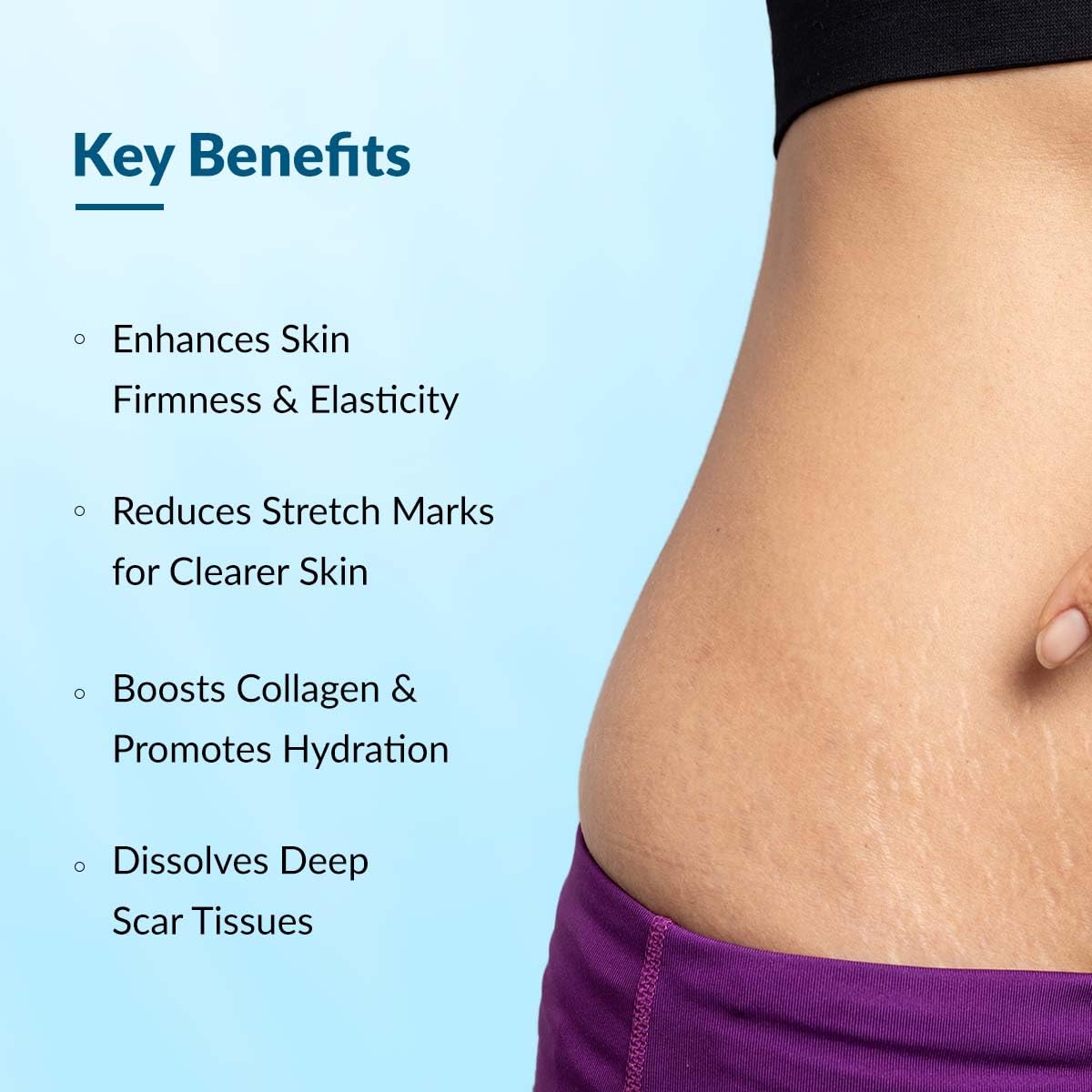 Key benefits of a skincare product on a blue background with a close-up of skin.