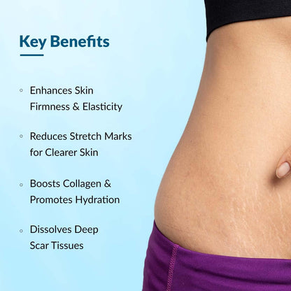 Key benefits of a skincare product on a blue background with a close-up of skin.