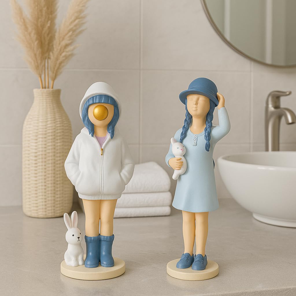 Cute Girls Statue for Home Decor | Table Decor (Pack of 2, White & Blue)