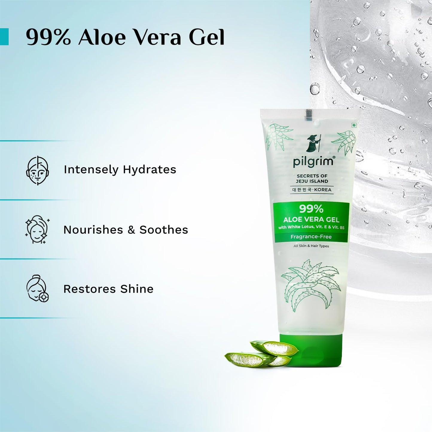 PILGRIM Korean 99% Pure Aloe Vera Gel 200ml with Vitamin E & Vitamin B5 for Face & Hair | Hydrates & Soothes Skin | Conditions & Softens Hair | Free from Parabens, Sulphates, Mineral Oils & Fragrance I For Women and Men