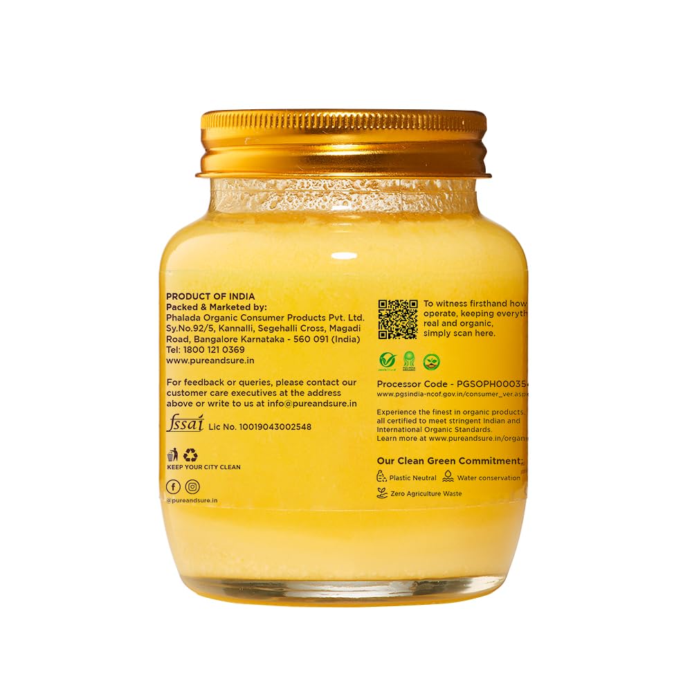 Pure & Sure Organic A2 Desi Ghee | 100% Pure Cow Ghee | Made by Traditional Bilona Method | Curd-Churned | Natural Immunity Booster & Other Benifits (Glass Jar)