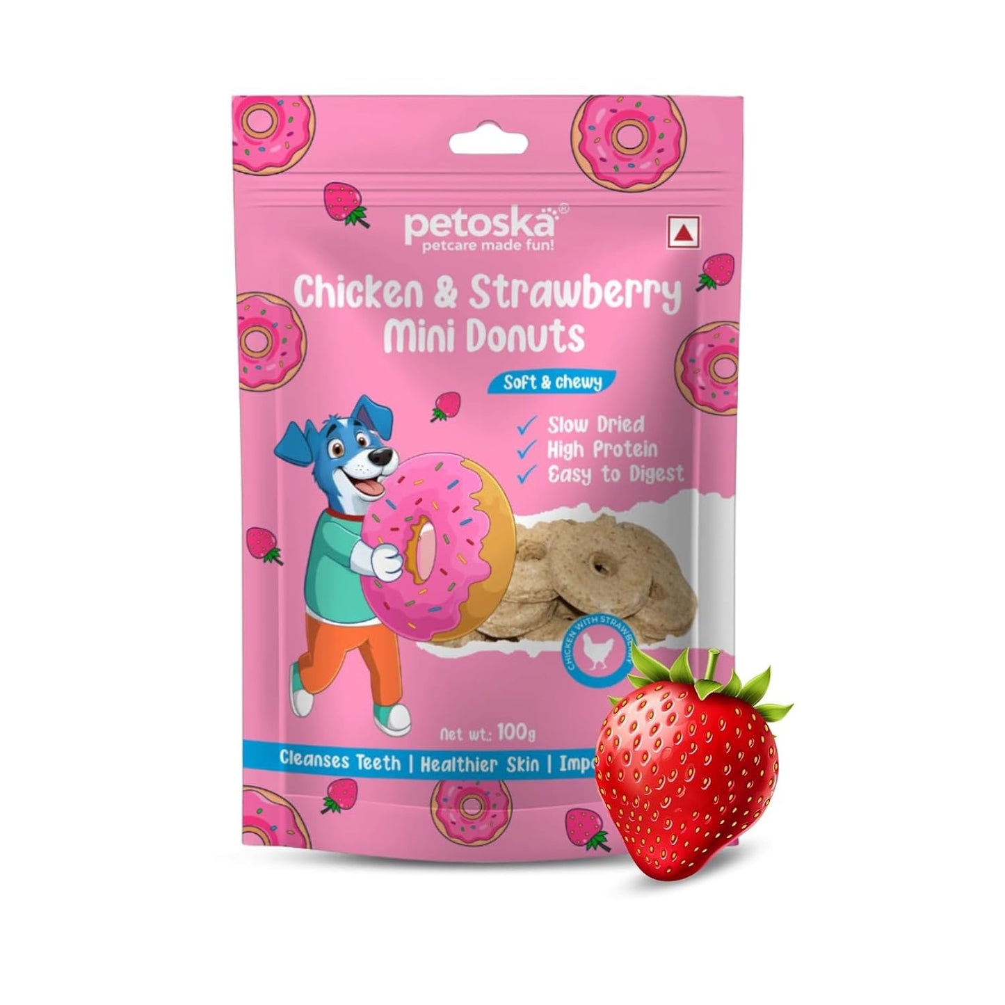 Petoska Chicken & Strawberry Mini Donuts Dog Treats – 100 g Soft, Protein-Rich Bite-Sized Snacks for Puppies and Adult Dogs, Natural Fruity Reward for All Breeds