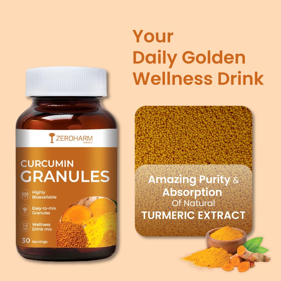 ZEROHARM Curcumin Granules from Turmeric | Easy-Mix Golden Wellness Drink for Immunity & Skin Health | Highly Bioavailable | No Mess, No Powder | Tea & Coffee Alternative for Men & Women | 100 Grams