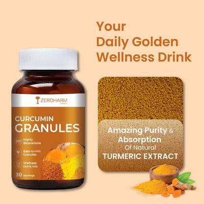 ZEROHARM Curcumin Granules from Turmeric | Easy-Mix Golden Wellness Drink for Immunity & Skin Health | Highly Bioavailable | No Mess, No Powder | Tea & Coffee Alternative for Men & Women | 100 Grams