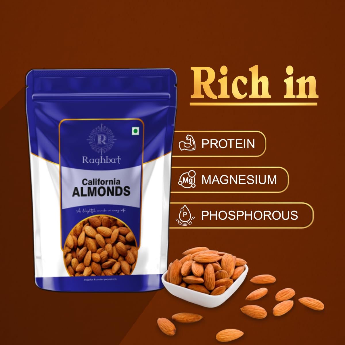 Raghbat California Almonds (500g) – Whole Raw Badam Giri | High Protein & Fibre | Gluten-Free & Non-GMO Dry Fruits