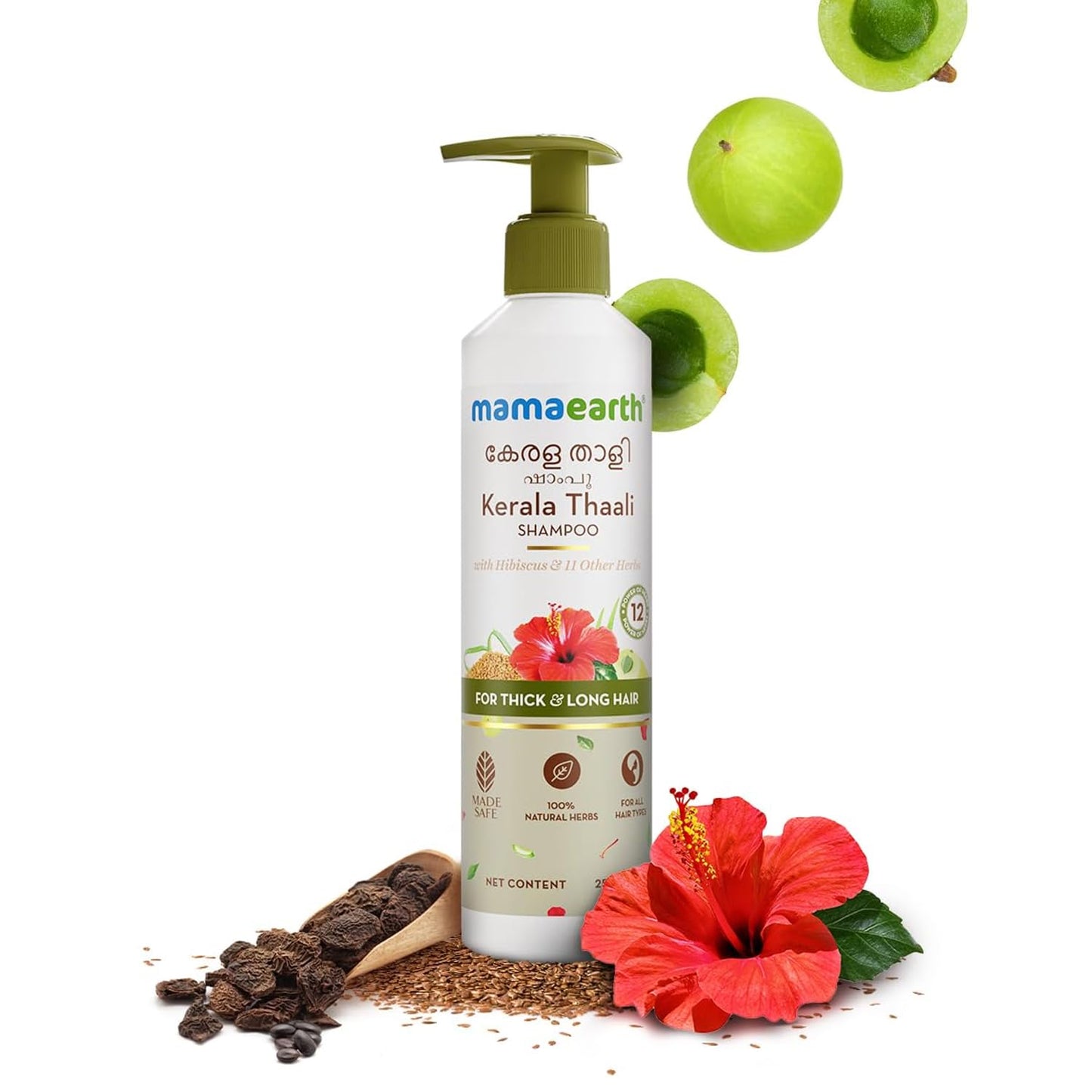 Mamaearth Kerala Thaali Shampoo with Hibiscus, Shikakai, Amla, Flax Seeds for Thick & Long Hair - 250 ml| Ready To Use Thali | Gently Cleanses | Adds Shine | 12 Potent Herbs | 100% Natural Herbs