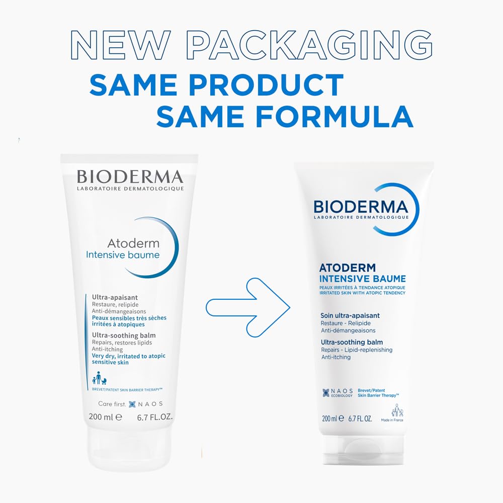 Two Bioderma Atoderm Intensive Baume products with text indicating new packaging and same product, same formula.