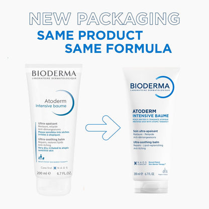 Two Bioderma Atoderm Intensive Baume products with text indicating new packaging and same product, same formula.