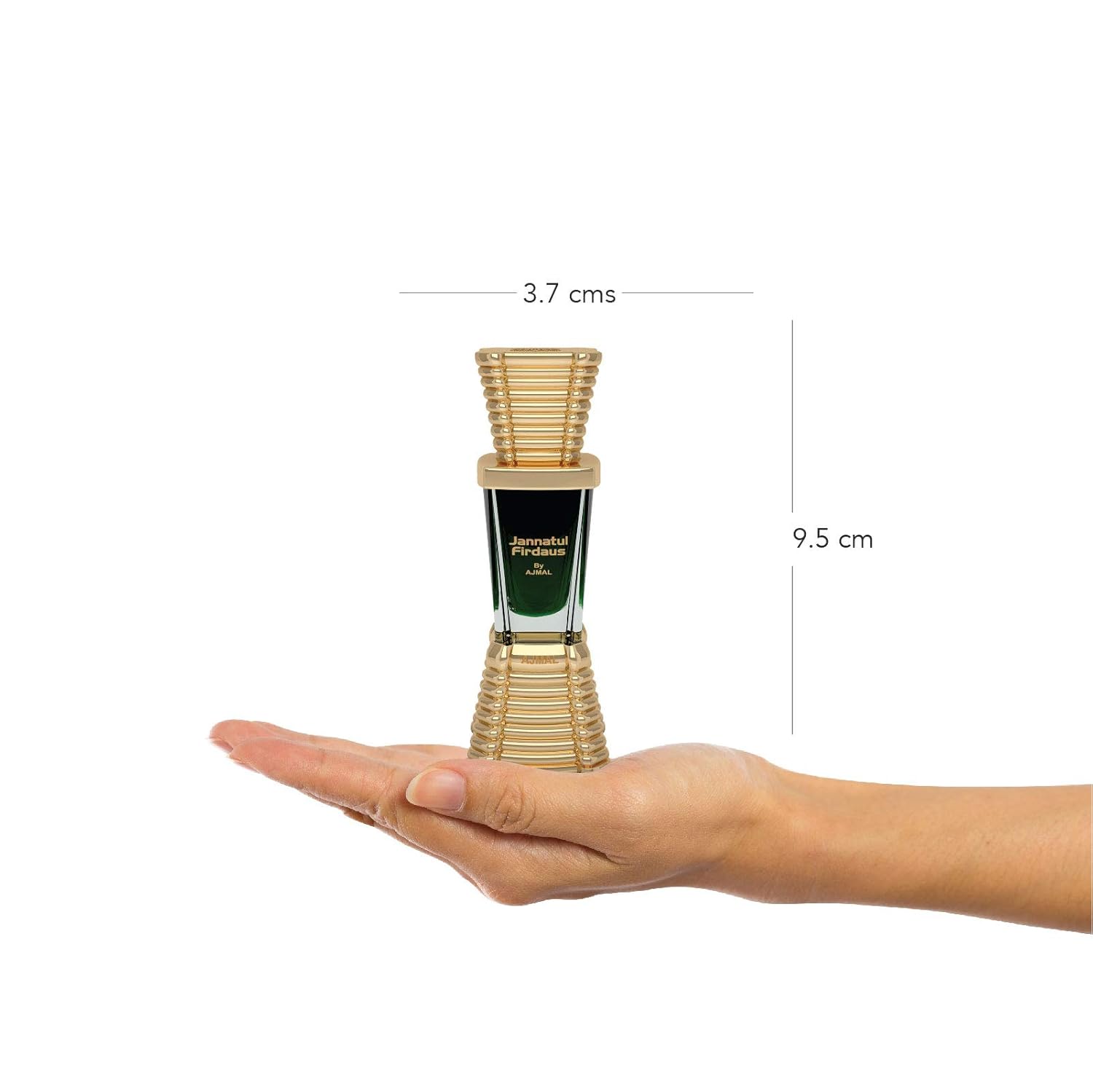 Perfume bottle held in a hand with dimensions indicated