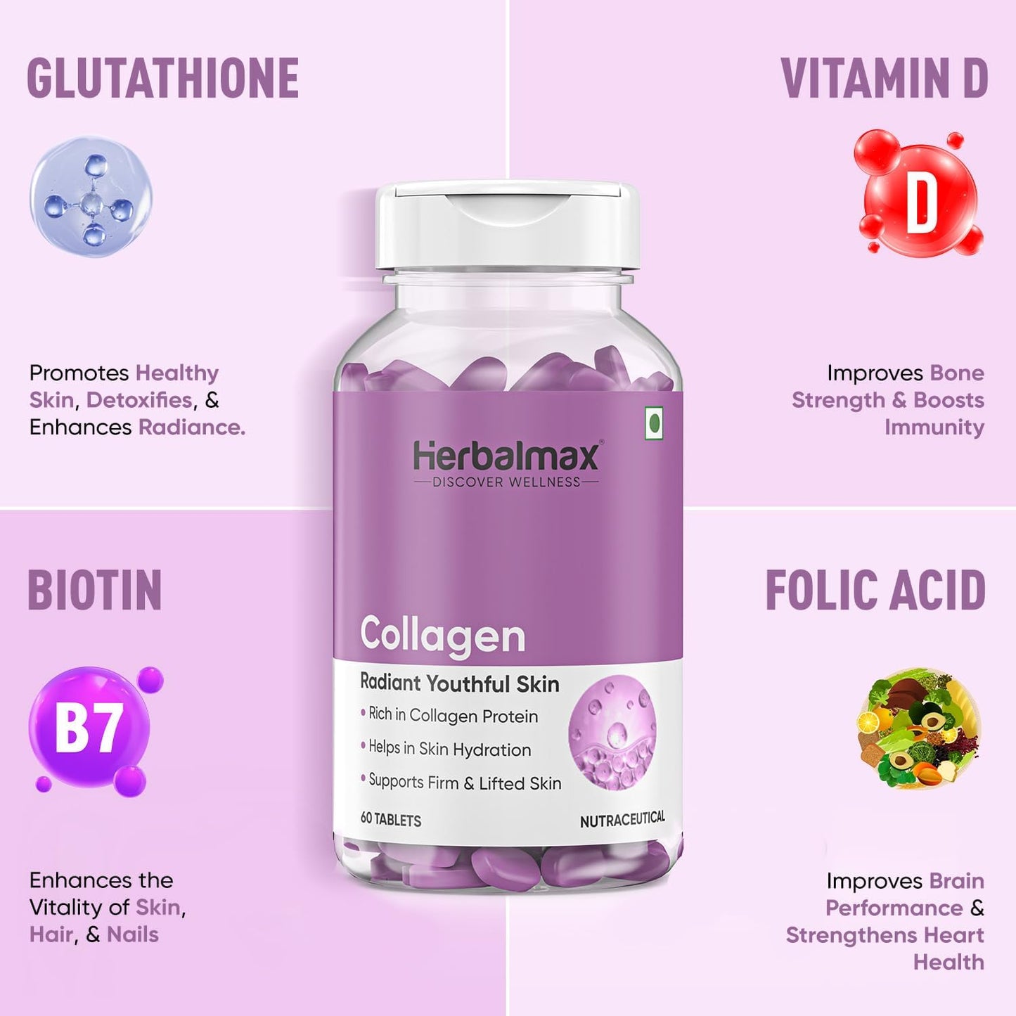 Herbalmax Veg Collagen Supplement Tablets – 60N | 800mg Type 1, 2 & 3 Collagen | For Glow Skin, Hair, Nails, Joints & Bone Support | Enriched with Biotin & L-Glutathione
