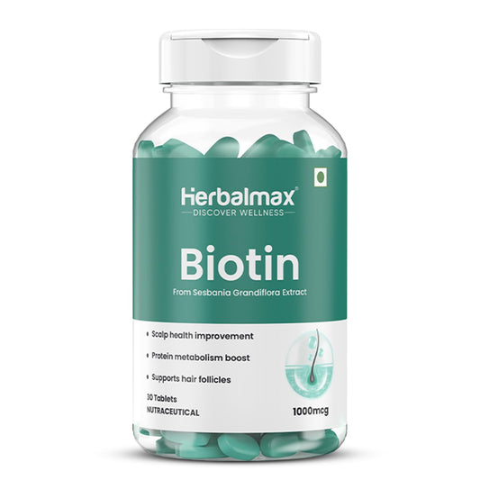 Herbalmax Biotin Tablets for Hair Growth | 10000 mcg Biotin Tablet with Sesbania Grandiflora Extract – Hair Strength & Vitamin B7 Hair Care for Men & Women | 30 Veg Tablets