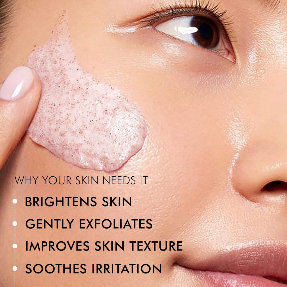 Close-up of a person applying a facial scrub with text highlighting skin benefits.