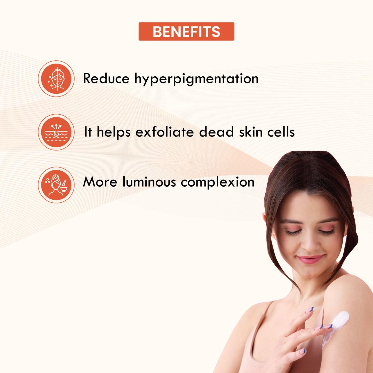 Woman applying skincare product with benefits listed on a beige background