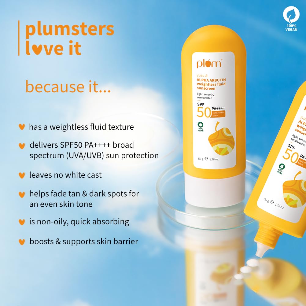 Plum Yuzu & Alpha Arbutin Fluid Sunscreen SPF 50 PA++++ | Boosts Glow & Skin Barrier | Fade Tan & Dark Spots | Quick-Absorbing | No White Cast & Non-Greasy | Women & Men | for All Skin Types | 50g
