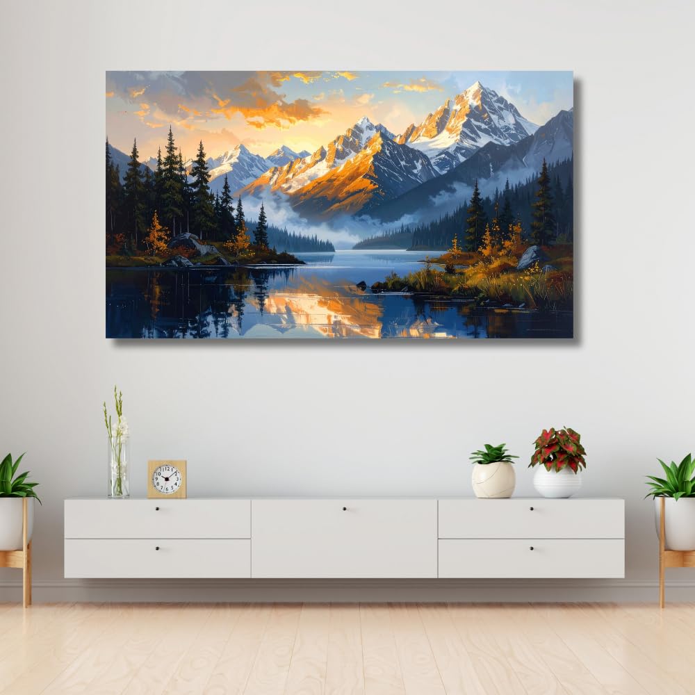 Luxury Artistic Snow Mountain Painting For Living Room Big Size | Nature Canvas Landscape Wall Art Painting For Bedroom, Office | Large Size Mountain Snow Peak With Lake Wall Art | Premium Home Decor (40 X 24 INCH, Unframed - LARGE)