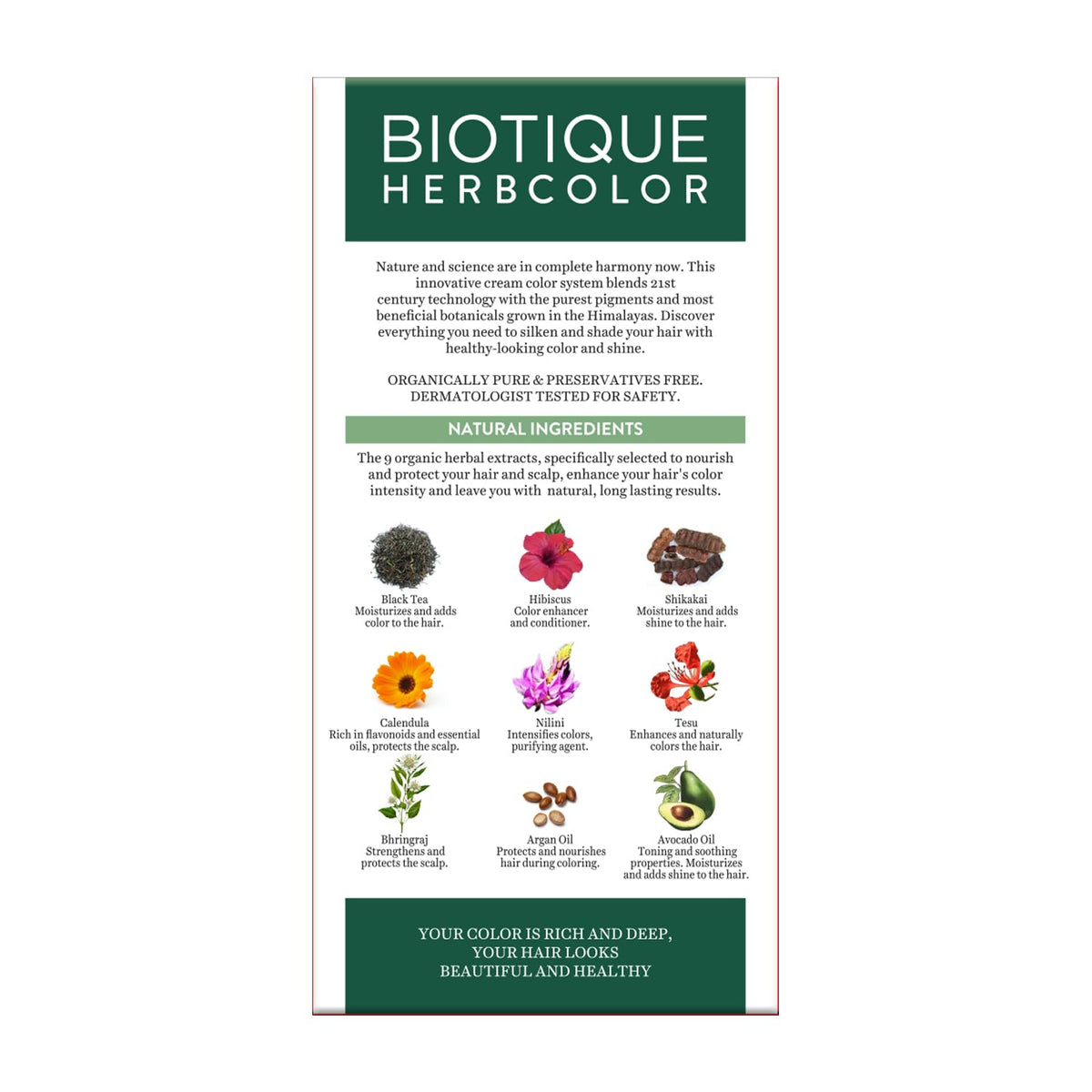 Biotique Herbcolor product packaging with natural ingredients and branding on a white background