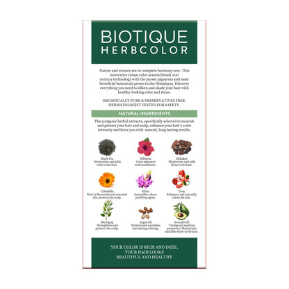 Biotique Herbcolor product packaging with natural ingredients and branding on a white background