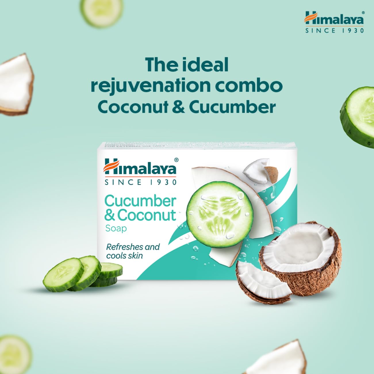 Himalaya Cucumber & Coconut soap packaging with coconut and cucumber slices on a light blue background