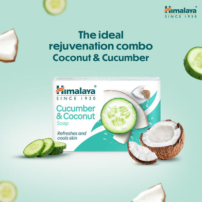 Himalaya Cucumber & Coconut soap packaging with coconut and cucumber slices on a light blue background
