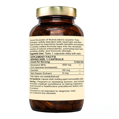 Nutraliebe Trans-Resveratrol 500mg with Quercetin & Black Pepper - Advanced Antioxidant Support from Japanese Knotweed, 90 Capsules